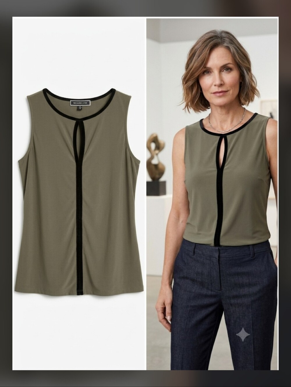 Melanie Lyne Olive Green Sleeveless Keyhole Top